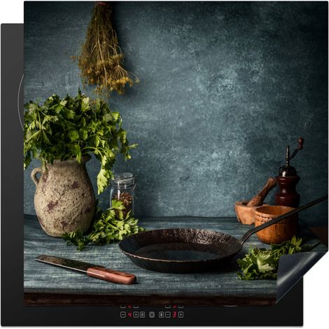 PROTECTION PLAQUE INDUCTION Herbes - Épices - Poêle - Couteau - Gris - Rustique Couvre Plaque De Cuisson 78x78 cm