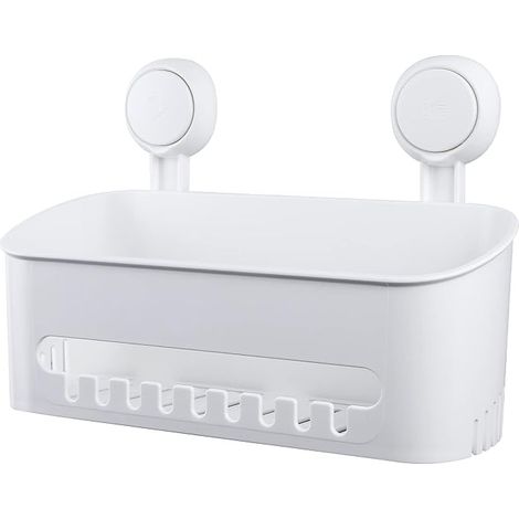 BEBUSINGOTO Estante de ducha con ventosa de pared, sin perforaciones, autoadhesivo, reutilizable, de plástico, para baño, cocina y sala de estar. (1/5)