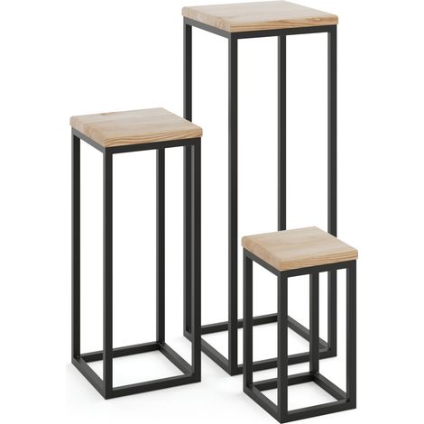 LAMO Manufaktur SET 30cm/50cm/70 cm Pflanzenständer Blumenständer Blumenhocker Gestell: Schwarz 100% Echtholz Massiv Platte Farbe: Natur