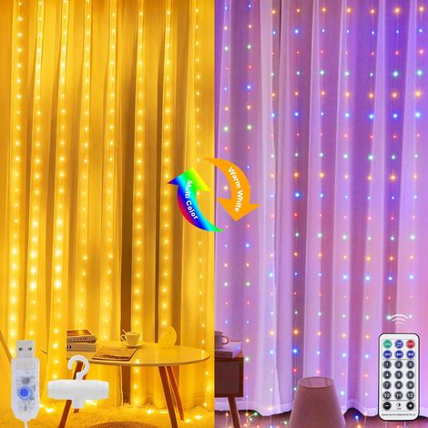 Rideau De Lumières Intérieur 3x2m, Guirlande De 200 LED, Rideau Extérieur Avec Prise, 8 Modes Pour Gardine, Mur, Chambre À Coucher, Mariage, Fête Et Décoration De Noël