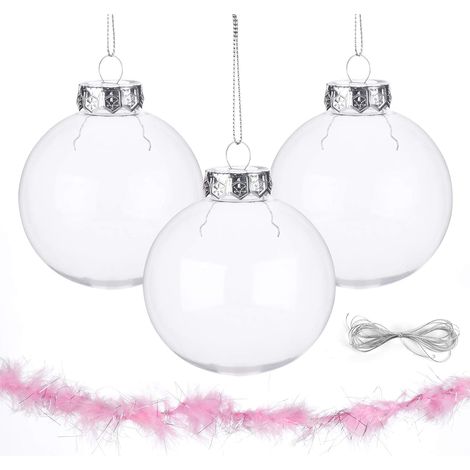 12 Boules de Noël en Plastique Transparent à Remplir,8cm Boule Noel Transparente avec 2m Plume Rose+2m Corde,Ronde Acrylique Remplissable Boule pour Arbre de Noël Décoration Intérieur Extérieur (1/5)