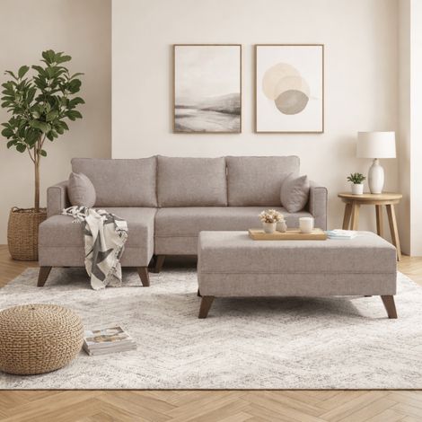 Schlafsofa Champagnerstoff – Ecksofa inklusive Ottomane – Links –