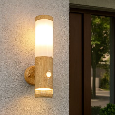 LED Außen Wandlampe Bewegungsmelder Edelstahl mit Bewegungsmelder Wandlampe Aussen Edelstahl, Holz Optik mit Deko LED, 1x E27 LED warmweiß, BxH 8,5 x 35 cm