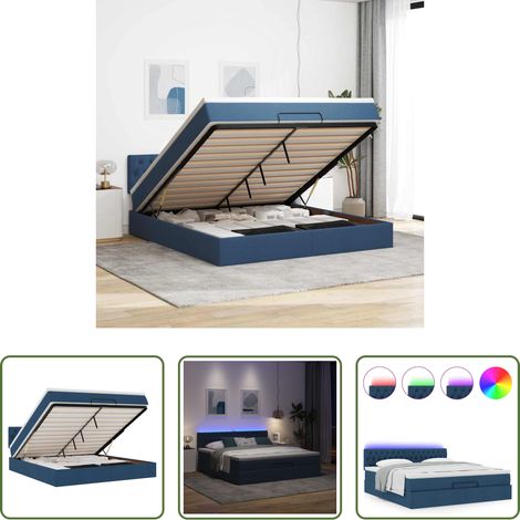 Rangement sous le lit - Cadre de lit ottoman avec matelas bleu 160x200 cm tissu (1/5)