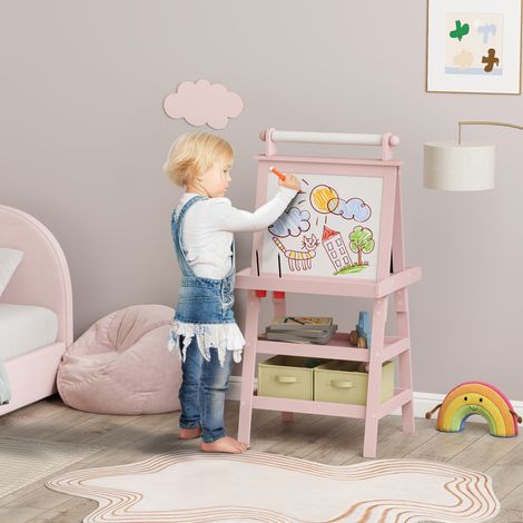 Mobilier Tableau chevalet enfant 3 en 1 avec magnétique à craie rouleau papier 2 paniers 3-6 ans - blanc rose