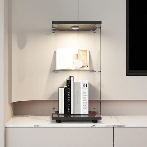 Glasvitrine mit LED-Beleuchtung, 2 Etagen, schwarz, 86x40x37cm (1/5)