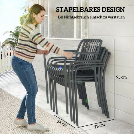 Lot de 4 chaises de jardin empilables avec accoudoirs, design à lattes, gris foncé, ergonomiques (1/4)