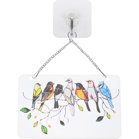 Oiseaux suspendus à un fil de fer, panneau de verre décoratif, attrape-soleil à suspendre avec chaîne, cadeau pour les amoureux des oiseaux, plaque rectangulaire 20 x 12,5 cm (1/5)