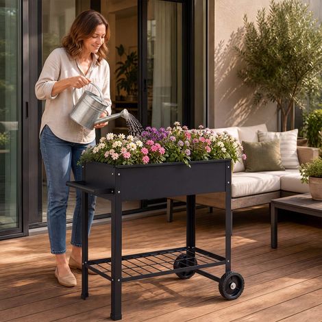 Mobile Metal Raised Garden Bed with Wheels & Shelf, Black (1/4)