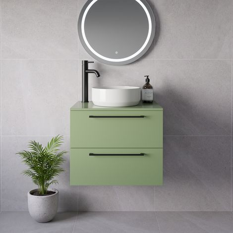 Napoli 460 Olive Green 600mm Wall Mounted 2 Drawer Vanity Unit for Countertop Basins - 600mm - Matt Black 320mm Handle