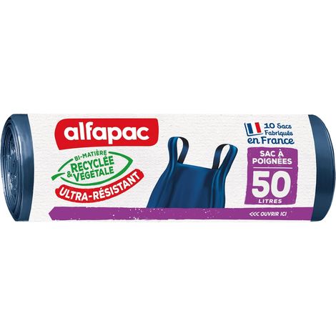 Sacs Poubelle à Poignées - Ultra-Résistants - Bi-Matière Recyclée & Végétale - Antifuite - Fabrication Française - 10 x 50L, Bleu (1/5)