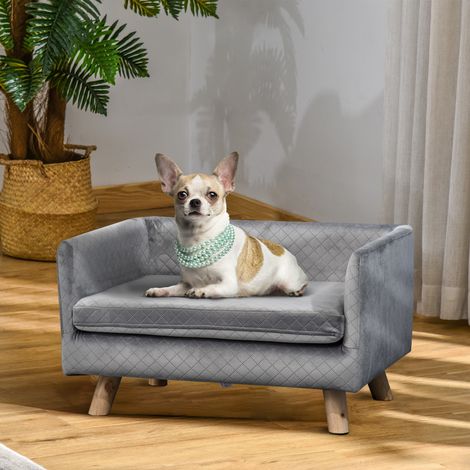Sofá para perros PawHut, cama para perros, sofá para perros de terciopelo con respaldo, patas de madera, cojín, sofá para gatos con acolchado suave, para perros pequeños, 64 x 45 x 36 cm, gris oscuro (1/5)