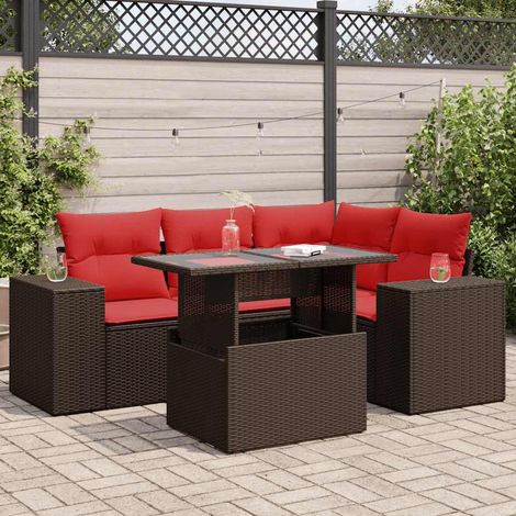 Salon de jardin avec coussins 5pcs marron résine tressée acacia (1/5)