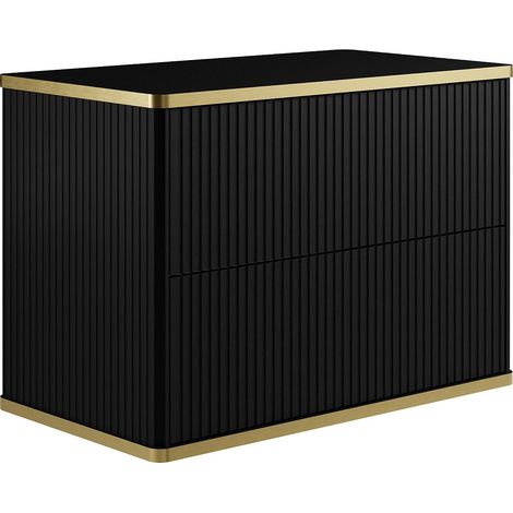 Vente-Unique – Meuble sous vasque suspendu noir 80 cm – Finition striée avec liseré doré – 2 tiroirs push to open – Éco-responsable, fabriqué en Europe
