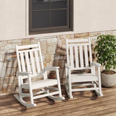 Lot de 2 Chaises Adirondack à Bascule en HDPE Effet Bois, Dossier Haut Ergonomique, Résistantes aux Intempéries pour Terrasse et Jardin, Blanc (1/5)