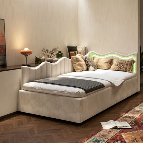 Lit canapé 90x200 capitonné velours rangement hydraulique LED RGB sommier lattes stable sans matelas pour chambre ado enfant (Beige) (1/5)