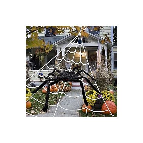 Toile d'araignée Deco Halloween, Ensemble Décorations d'halloween, 5 m Toile Araignée Triangulaire, 150 cm Araignée Géante, Halloween Decoration Fête, Interieur, Exterieur, Jardin (1/5)