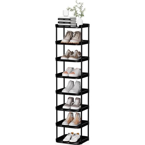 Etagere Chaussures Etroite à 8 Niveaux, Rangement Chaussures Gain de Place, Etagere Plastique Empilable, Shoe Rack pour Chambres, Couloirs, Salons, Couloirs, Noir (1/5)