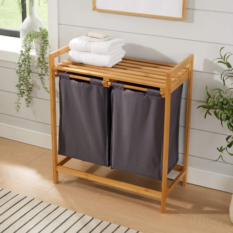 Laundry Basket with Pull out Shelf Bamboo Frame 2 Fabric Compartments Bathroom (1/5)