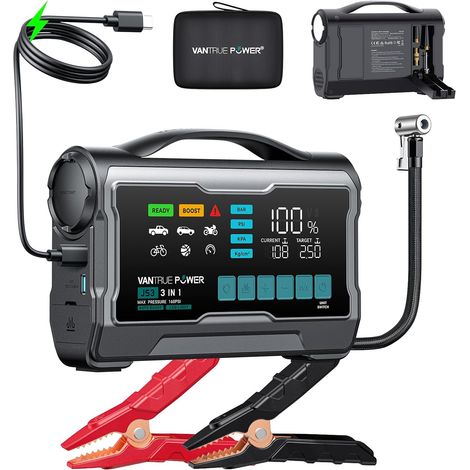 JS3 3250A Booster Batterie Voiture avec Gonfleur 160PSI 12V Démarreur Portable avec 9" Grand Écran Charge Rapide 65W Power Bank 400 Lumens LED pour Essence 10L/ Diesel 8L (1/5)