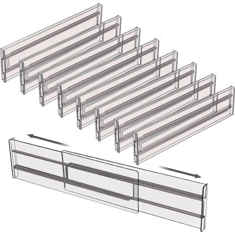 8 divisores de cajones ajustables, expandibles de 27,5 a 52 cm, organizador de cajones ajustable para utensilios de cocina, tocador, baño y maquillaje.