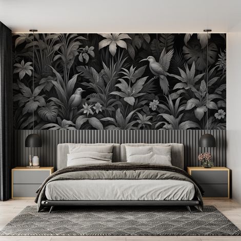 Papier peint tropical jungle sombre et oiseaux exotiques 1 - 150 x 250 cm (1/2)