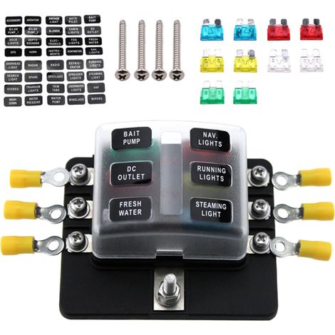 6-fach Sicherungskasten mit LED-Anzeige, 10 Sicherungen und 10 Klemmen für Auto, Boot, Wohnwagen, 12V/24V