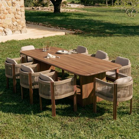 Set de mesa rectangular 265x120 cm Siena y 8 sillas de jardín con reposabrazos en madera de acacia y cuerda trenzada Serel SKLUM       