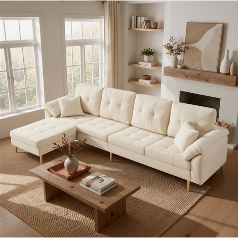 Divano 4 posti in velluto a coste 250 cm con pouf flessibile bianco crema OKWISH (1/5)