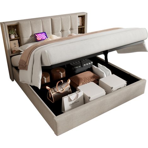 Cama con almacenaje tapizada en lino natural 140x200 cm con USB, carga inalámbrica, somier y colchón incluidos (1/5)
