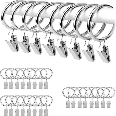 Clips de tringle à rideaux argentés, lot de 24 anneaux de rideaux en métal antirouille avec crochets/pinces de suspension, livrés avec... (1/5)