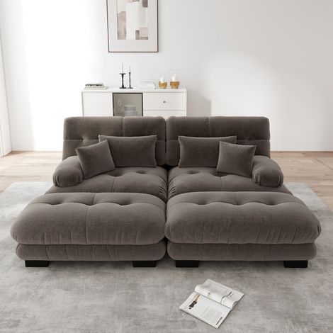 Sofá modular esquinero marrón en chenilla con otomanas móviles y cojines lumbares (1/5)