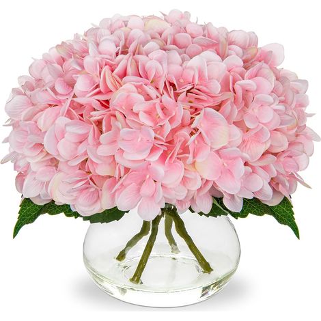 1 Arrangement floral Hortensia, Vase en verre, Soie synthétique, Décoration intérieur, Salon Bureau (1/5)