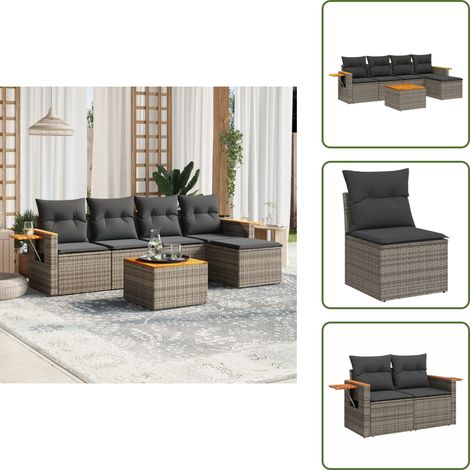 The Living Store Salon de jardin 6 pcs avec coussins gris résine tressée - Ensemble Salon De Jardin - Meuble Extérieur - Jardin Design - Mobilier De Jardin - Chaise Lounge