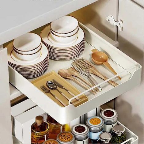 Plateau de rangement pour tiroir de comptoir de cuisine, étagère de rangement pour boîtes à épices, panier coulissant de rangement d'armoire (1/5)