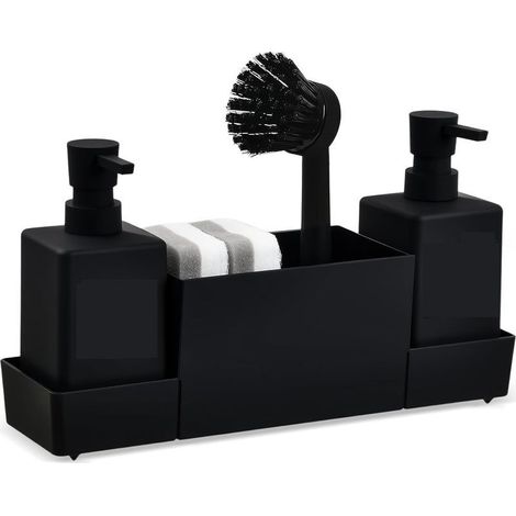 Distributeur Liquide Vaisselle 4 en 1 - Porte Éponge et Brosse avec Organisateur Évier Cuisine Pratique - Distributeur Savon Cuisine Élégant pour Salle de Bain, Noir, plastique, 321015cm (1/5)