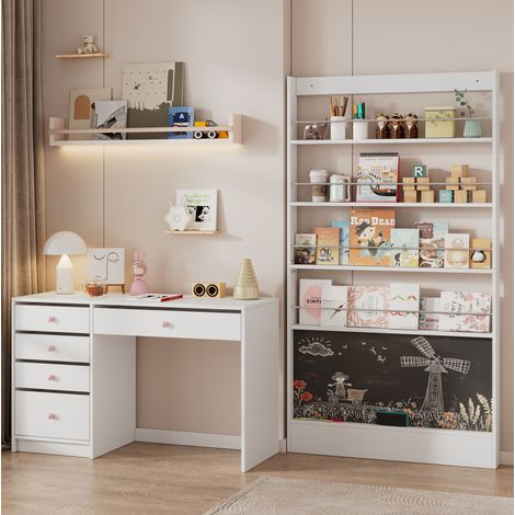 Bureau enfant avec bibliothèque 2 pièces, 120 x 45 x 74 cm, blanc, OKMYHOME (1/5)