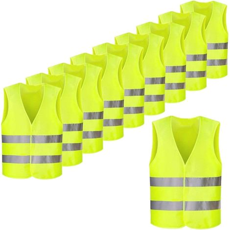 Pack of 10 High Visibility Reflective Fluorescent Yellow Safety Vests for Cyclists, Drivers, Runners, Garbage Collectors, etc., 7046 CM, CE Certified, Wrinkle-Free and Washable (1/4)