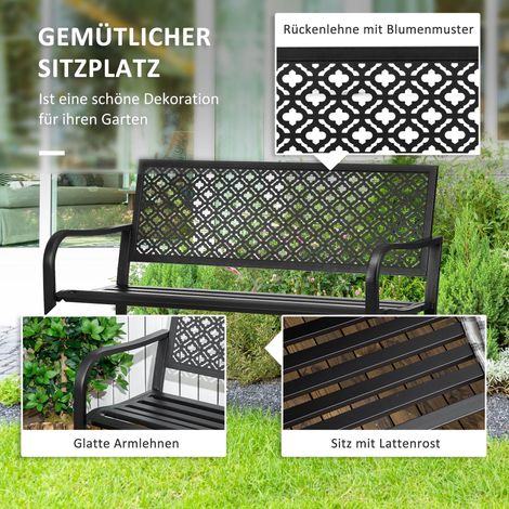 Banc d'extérieur en acier 2 places, décor fleuri, anti-pluie et UV, 127 x 63 x 83 cm, noir (1/4)