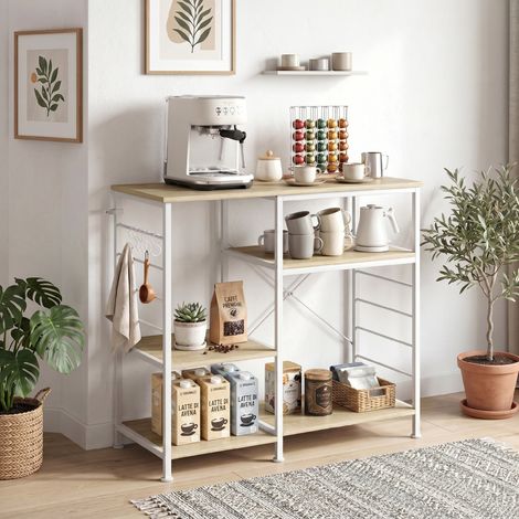 Étagère murale en métal et bois chêne, 5 crochets, rangement cuisine gain de place, 90x39x83.5 cm (1/5)