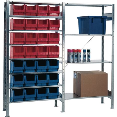 Steckregal H2000xB1000xT300mm Anbauregal12 Stahlböden 30 x MK4 blau, 36 x MK4 rot