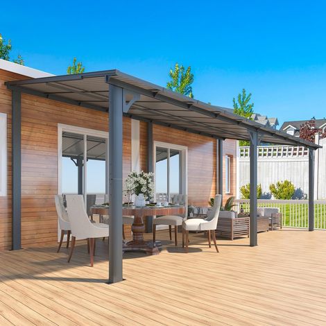 YODOLLA 6 x 2,4 m Terrassenüberdachung für Terrasse – großes wandmontierter Pergola aus feuerverzinktem Stahl, 127 km/h windbeständig, schwere Pavillon für Hinterhof und Garten, Schwarz