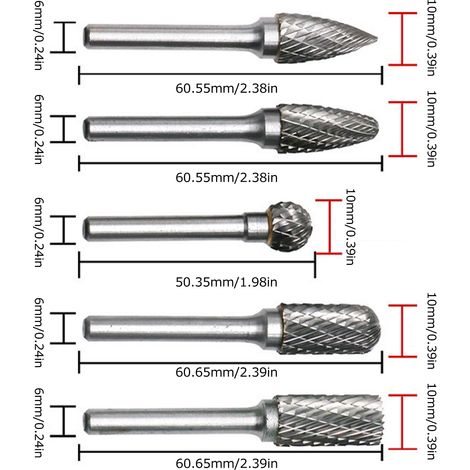 Lot de 5 meules rotatives en acier tungstène, tige de 6 mm, fraise rotative (1/5)