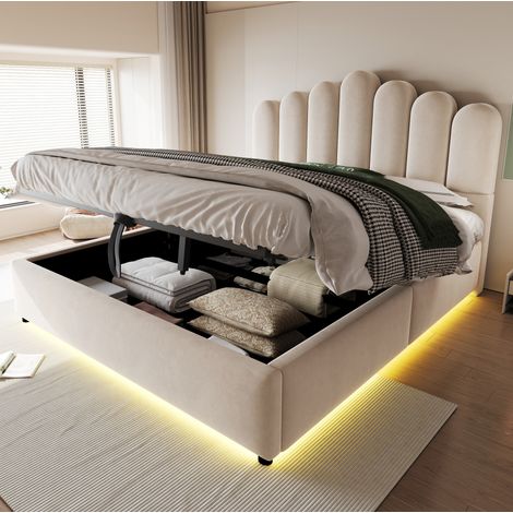 Polsterbett 140x200 cm beige Samt mit LED und Stauraum, ohne Matratze – MEUBLIV (1/5)