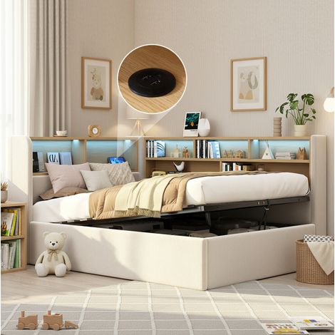 Letto in velluto beige 90x200 cm con contenitore idraulico, LED, USB-C e rete a doghe inclusa (1/5)