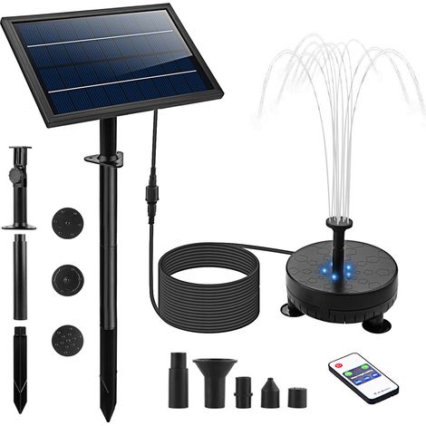 Pompa ad acqua solare con 5 luci LED a colori variabili, 7 fontane telecomandate, portata massima 170 l/h, 7 ugelli regolabili, altezza di spruzzo 60 cm, batteria integrata da 2400 mAh, cavo da 3 metr (1/5)