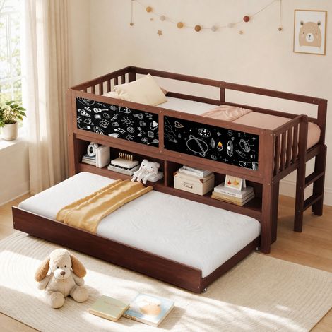 Lit enfant surélevé 90x200 cm marron en bois avec lit gigogne, tableau et rangements (1/5)