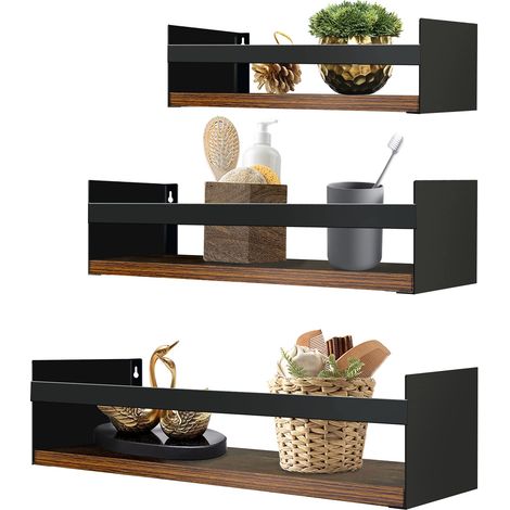 Étagère Murale avec Rebord Lot de 3, Étagère Murale Flottante Bois et Métal Noir pour Chambre, Cuisine, Salle de Bain, Salon et Bureau (1/5)