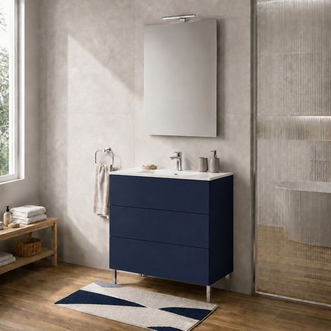 Mobile bagno a terra 80 cm blu tre cassetti push-pull con lavabo Tierra (1/5)