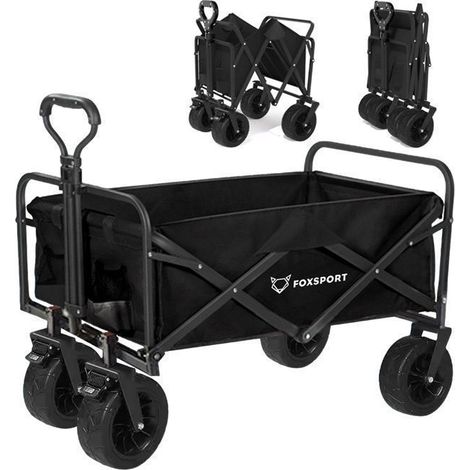 FOXSPORT Folding Hand Cart - Camping Cart - Large Wheels - Adjustable Handle - Load Capacity 100 kg (90x47x57 cm) - Black (1/5)